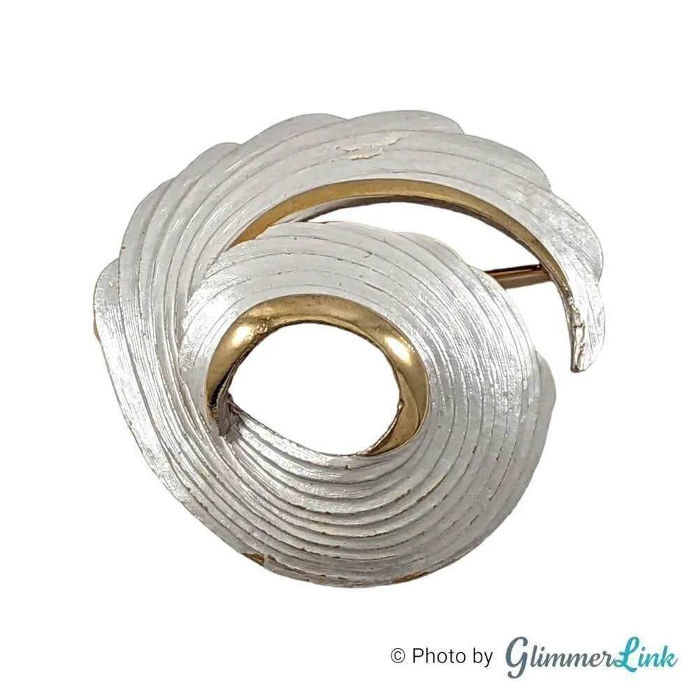 Vintage Domed Spiral White Enamel Gold Tone Brooch, Curled Wing or Leaf Pin